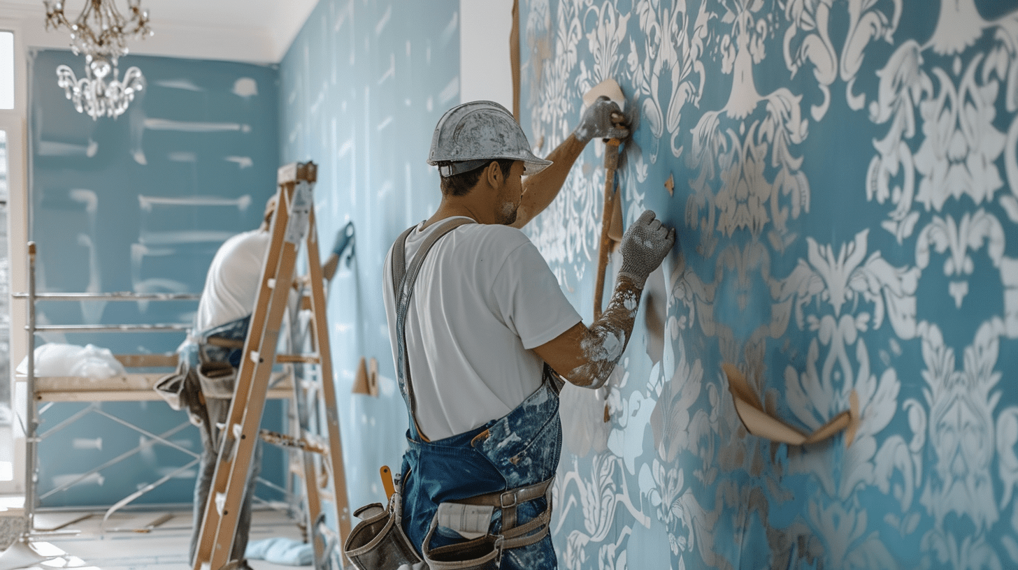 Pose de papier peint sur un mur bleu à Angoulême - Couleurs des Charentes