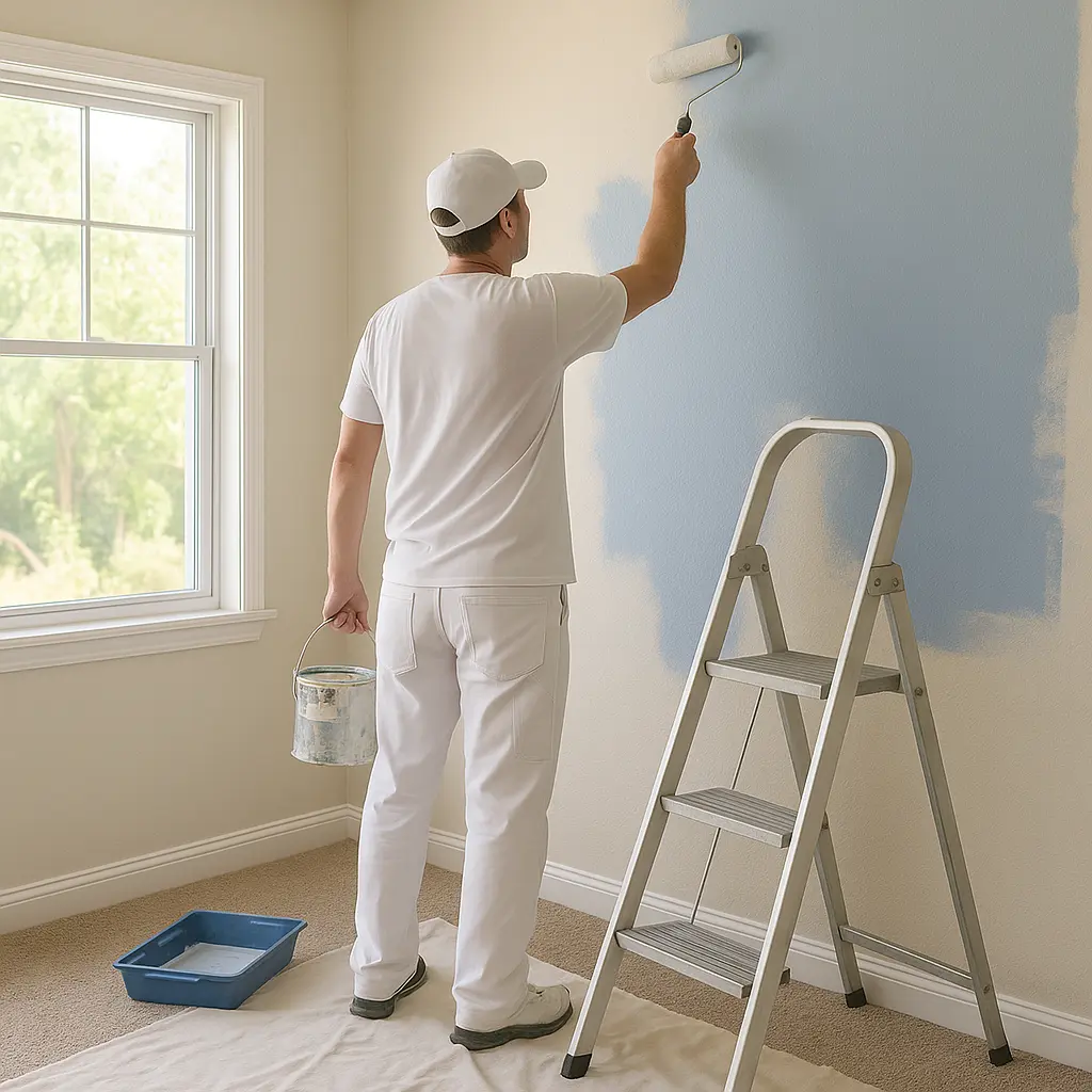 Mise en couleur mur intérieur à Rouillac peintre appliquant une peinture bleue sur un mur intérieur lumineux avec échelle à Rouillac