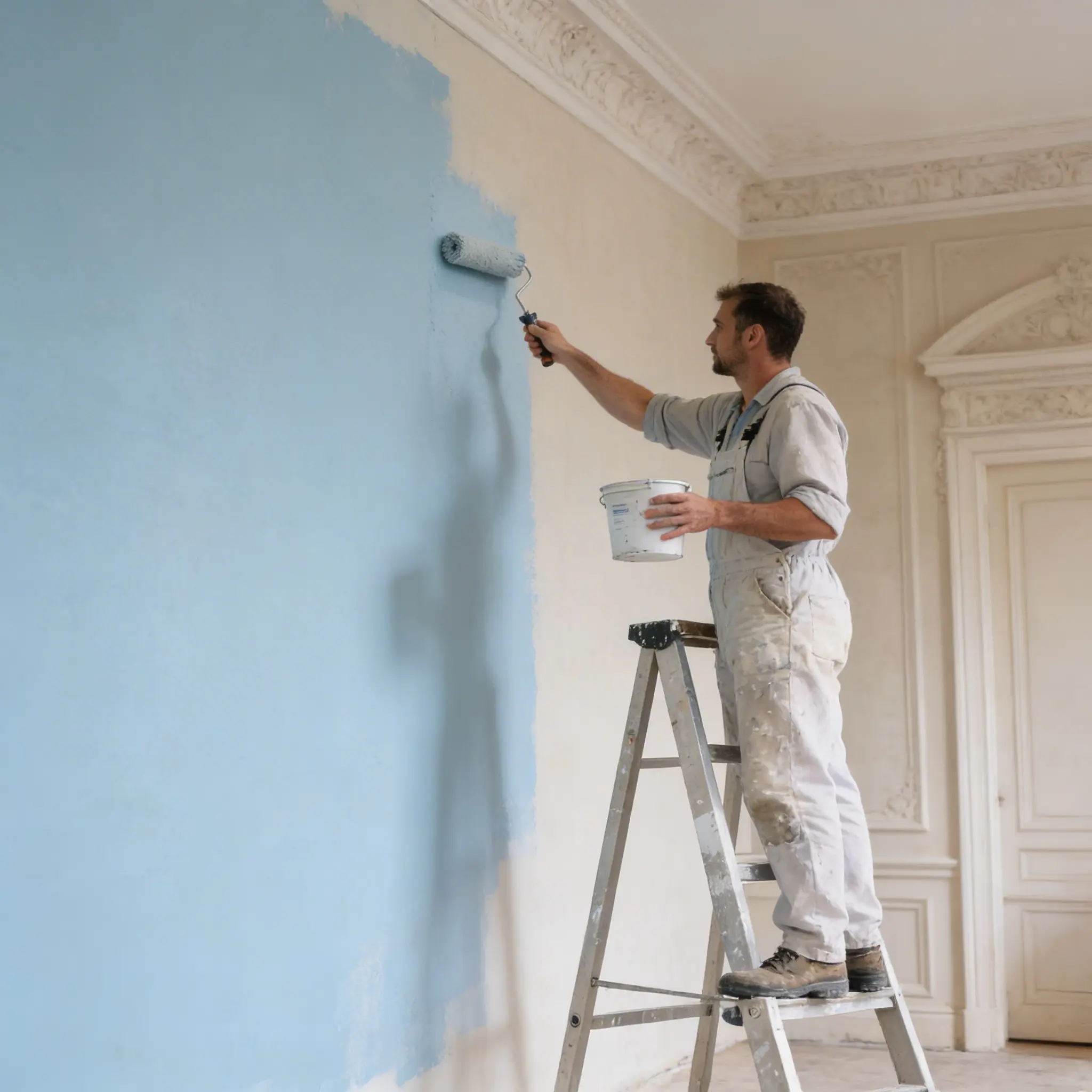 peintre sur escabeau appliquant une peinture bleue sur un mur intérieur avec moulures à Chasseneuil-sur-Bonnieure